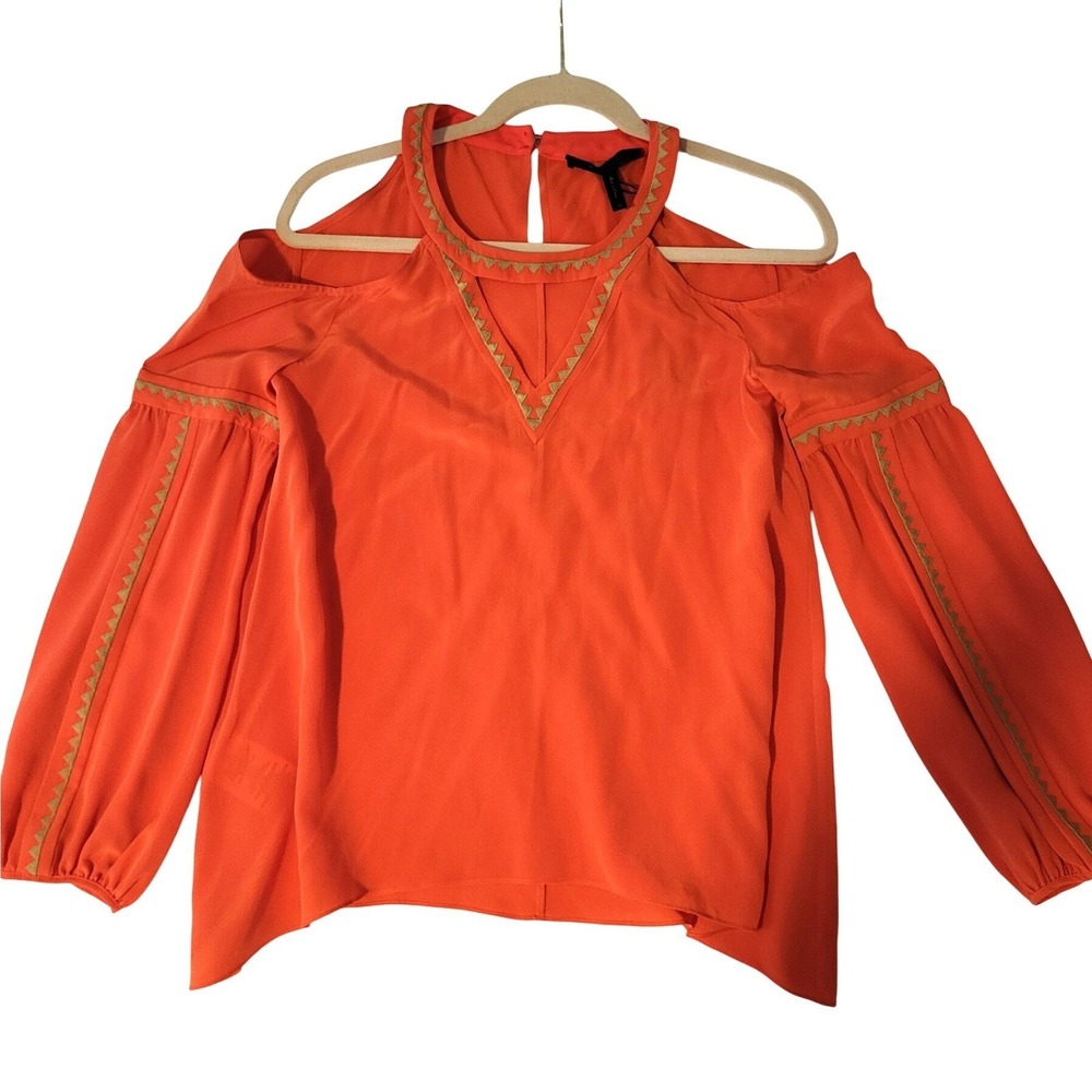 New BCBGMAXAZRIA Dree Boho Orange Cold Shoulder Embroidered Blouse Top XS $248